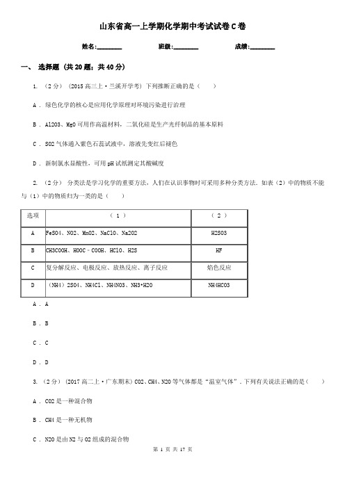 山东省高一上学期化学期中考试试卷C卷(练习)