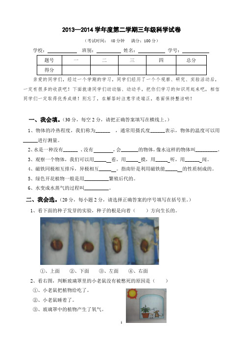 三年级科学下册期末考查试卷