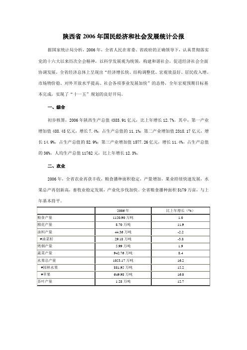 2006年陕西省国民经济和社会发展统计公报