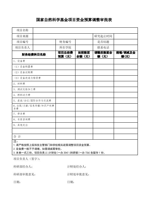 国家自然科学基金项目资金预算调整审批表