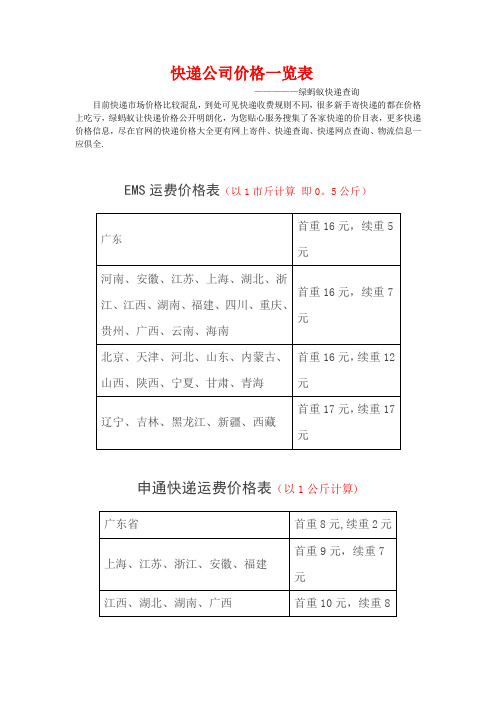 快递公司价格一览表-山东到安徽快递价格表