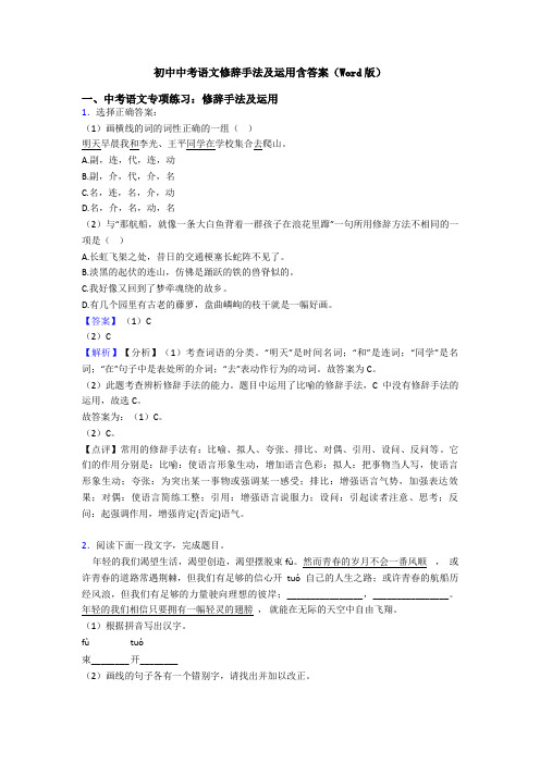 初中中考语文修辞手法及运用含答案(Word版)