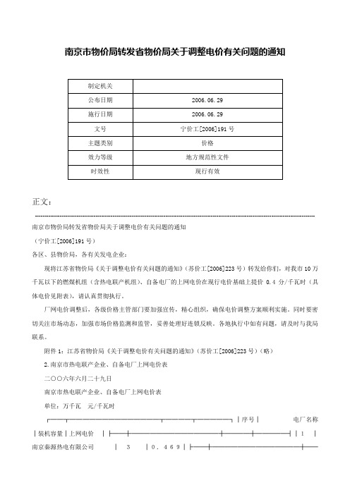 南京市物价局转发省物价局关于调整电价有关问题的通知-宁价工[2006]191号