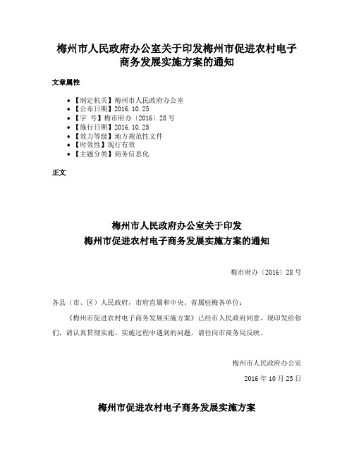 梅州市人民政府办公室关于印发梅州市促进农村电子商务发展实施方案的通知