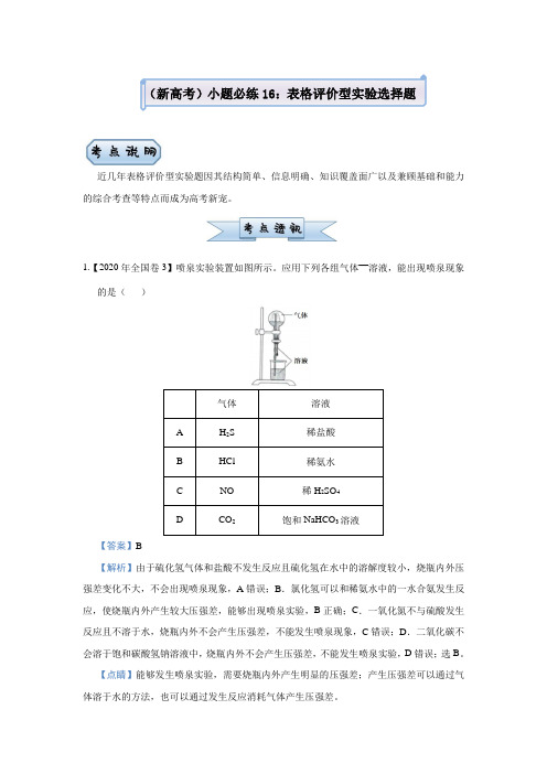 高中化学 (新高考)2021届小题必练16  表格评价型实验选择题 教师版