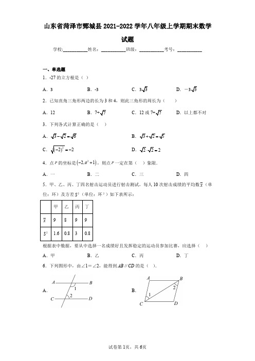 山东省菏泽市鄄城县2021-2022学年八年级上学期期末数学试题