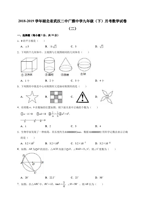 2018-2019学年湖北省武汉二中广雅中学九年级(下)月考数学试卷(二)(解析版)