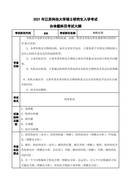 江苏科技大学835有机化学2021年考研专业课初试大纲