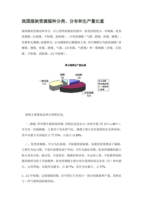 我国煤炭资源煤种分类、分布、产量比重