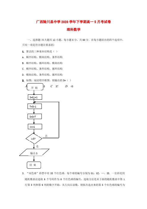 广西陆川县中学2020学年高一数学5月月考试题 理