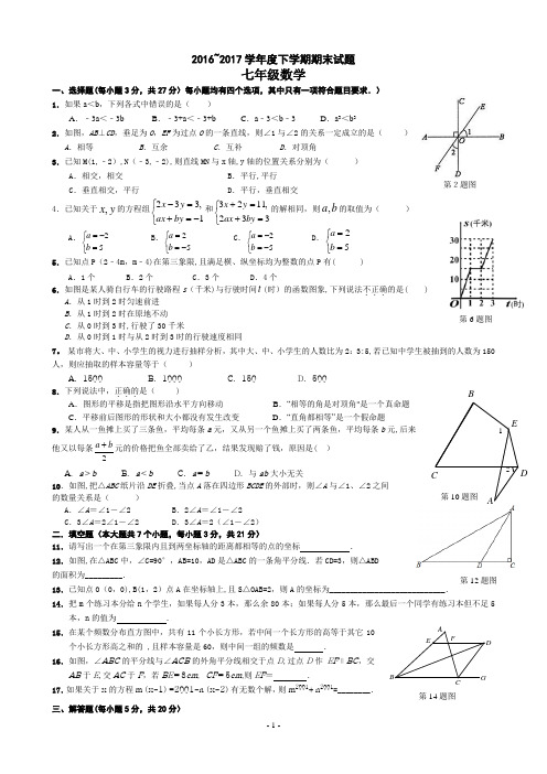 2016-2017七年级下册数学期末试题