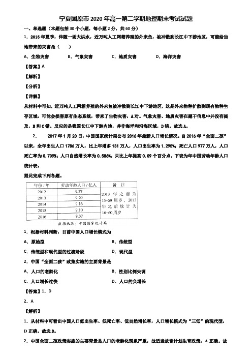 宁夏固原市2020年高一第二学期地理期末考试试题含解析