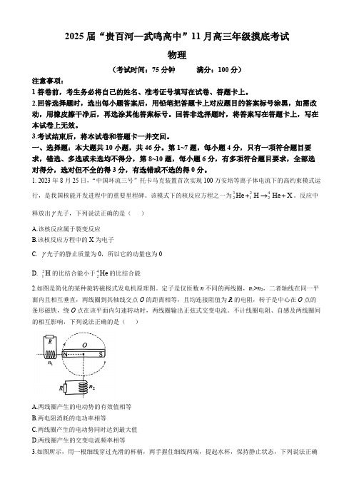 2025届广西“贵百河—武鸣高中”高三上学期11月摸底考试物理试卷(含解析)