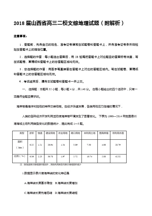 2018届山西省高三二模文综地理试题(附解析)