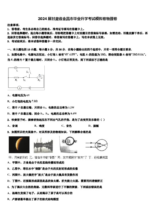 2024届甘肃省金昌市毕业升学考试模拟卷物理卷含解析