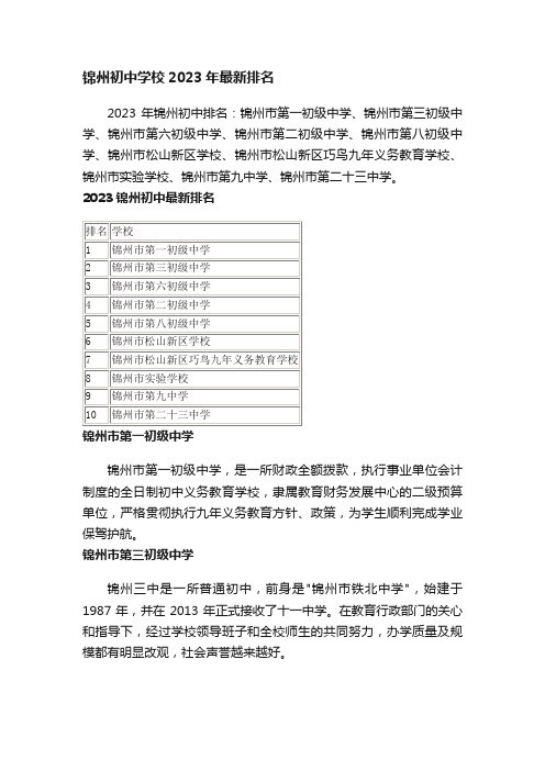 锦州初中学校2023年最新排名