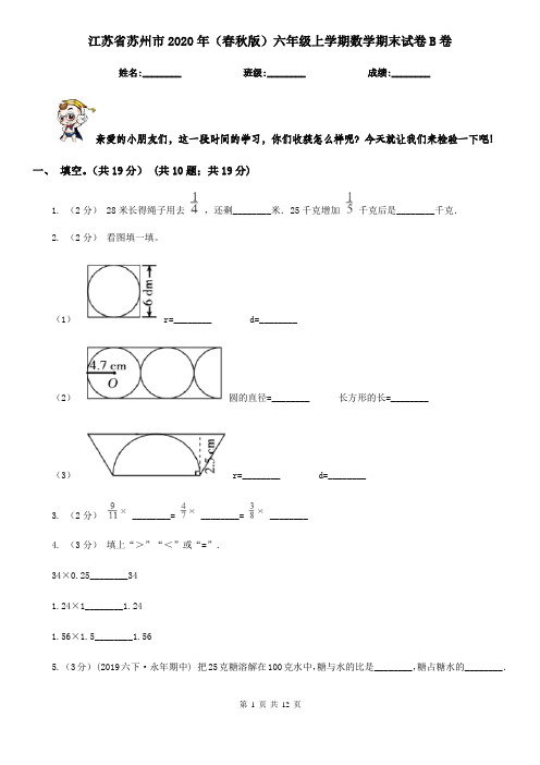 江苏省苏州市2020年(春秋版)六年级上学期数学期末试卷B卷