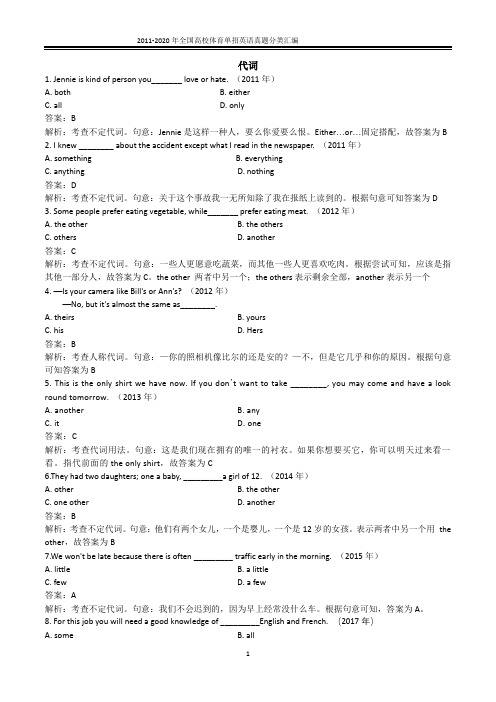 2011-2021全国高考体育单招英语单项选择真题分类汇总(答案详解)