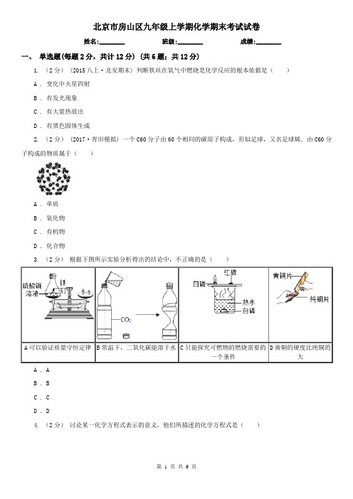 北京市房山区九年级上学期化学期末考试试卷