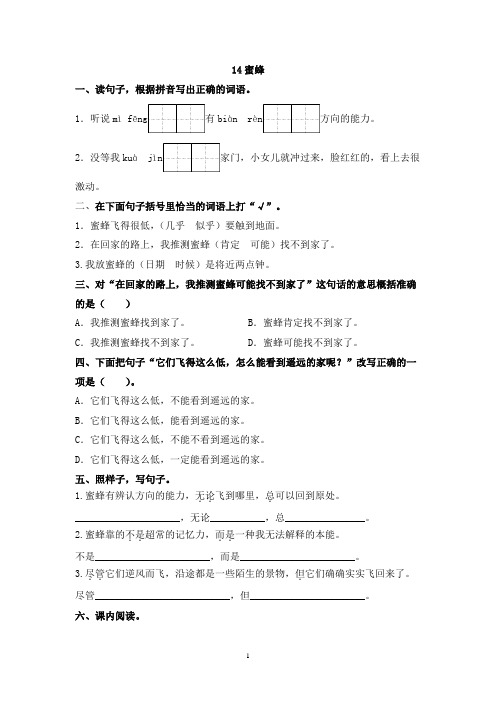 最新部编版三年级语文下册 第14课《蜜蜂》同步练习题(附答案)