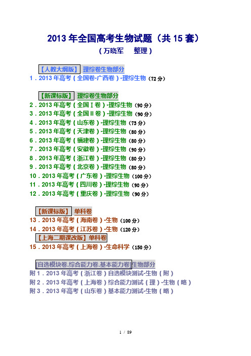 ●2013年全国高考生物试题--理综12套.单科3套(共15套生物)(万晓军整理)