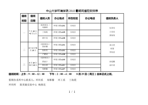 中山大学环境学院2018暑期间值班安排表