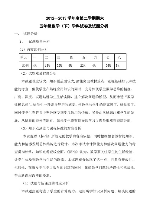 小学五年级数学下期期末试卷分析