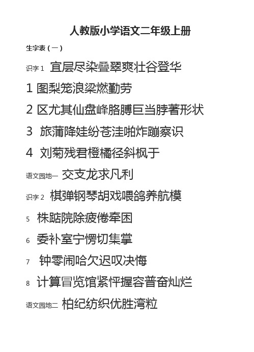 人教版小学语文二年级上册生字表(一类、二类字)