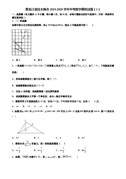 黑龙江省佳木斯市2019-2020学年中考数学模拟试题(1)含解析