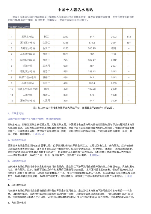 中国十大著名水电站