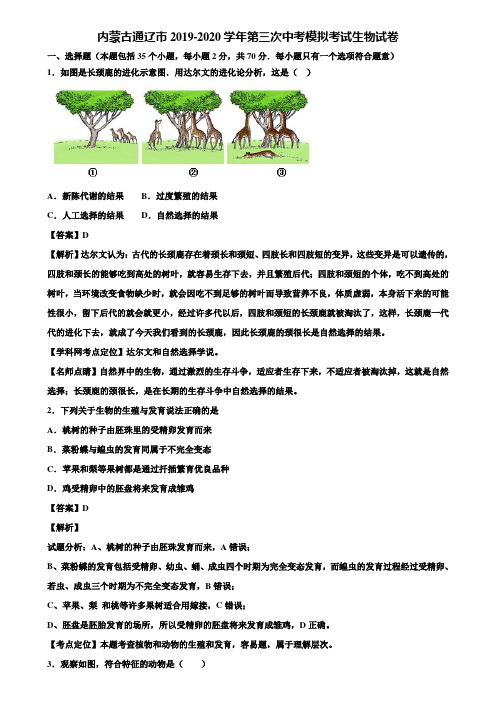 内蒙古通辽市2019-2020学年第三次中考模拟考试生物试卷含解析