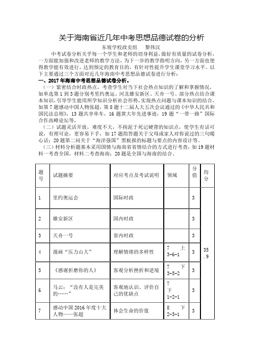 政治组 黎伟汉 2017年海南中考思想品德试卷分析