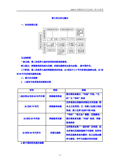 2018岳麓版高中历史必修一第七单元复杂多样的当代世界练习含答案