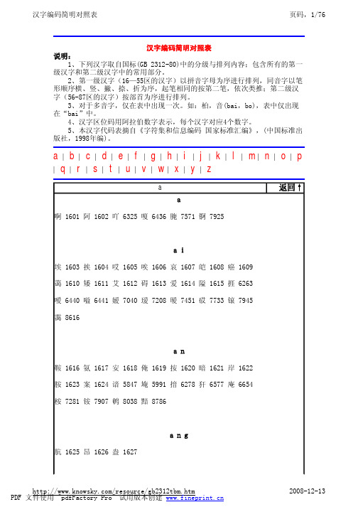 汉字编码简明对照表