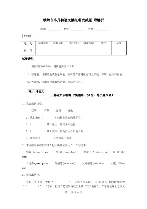 铁岭市小升初语文模拟考试试题 附解析