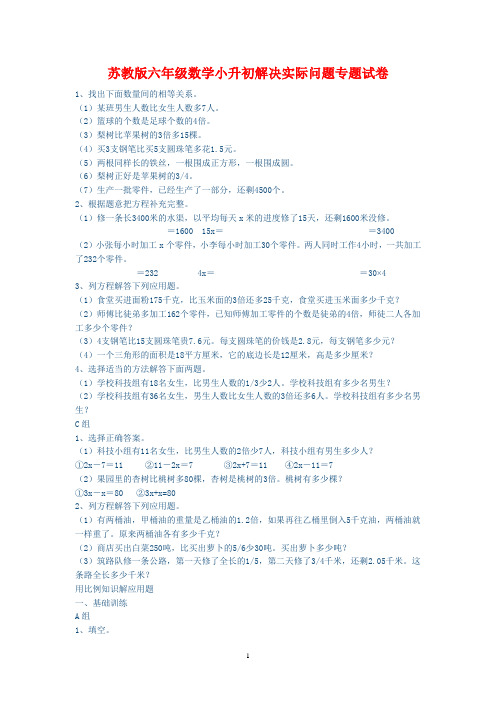 2019苏教版六年级数学小升初解决实际问题专题试卷