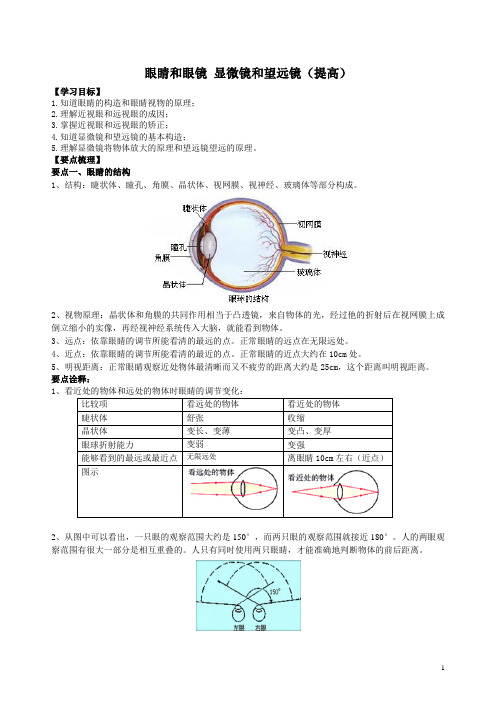 初二上学期--物理人教版   眼睛和眼镜 显微镜和望远镜(提高) 知识讲解