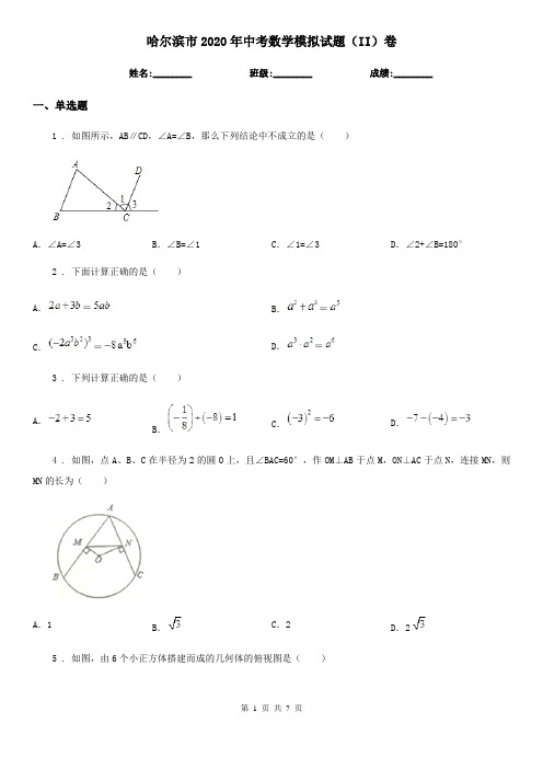 哈尔滨市2020年中考数学模拟试题(II)卷