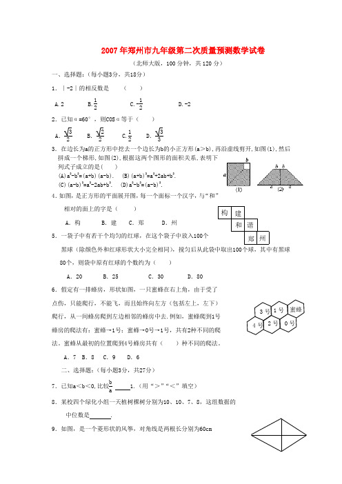 河南省郑州市九年级数学第二次质量预测试卷 北师大版