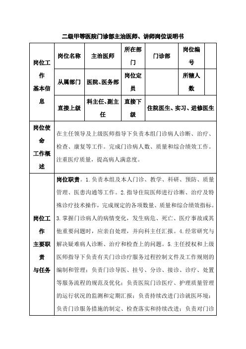 二级甲等医院门诊部主治医师、讲师岗位说明书