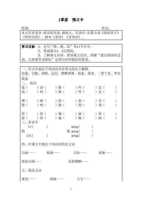 最新人教版小学语文五年级下册课堂预习卡