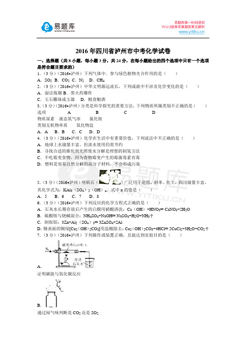 2016年四川省泸州市中考化学试卷(含答案)