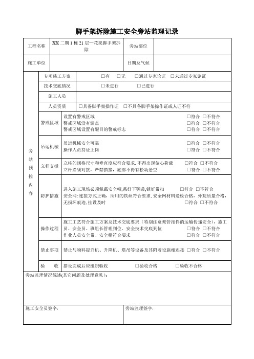 脚手架拆除施工安全旁站监理记录