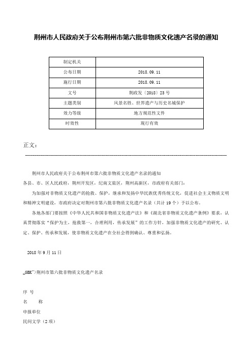 荆州市人民政府关于公布荆州市第六批非物质文化遗产名录的通知-荆政发〔2018〕23号