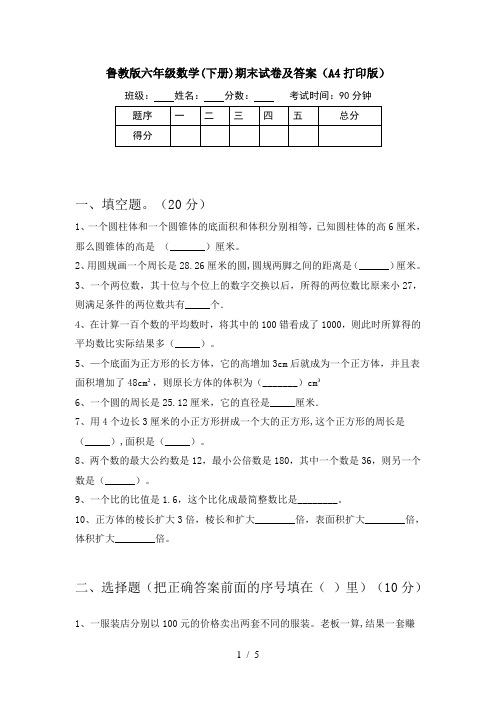 鲁教版六年级数学(下册)期末试卷及答案(A4打印版)