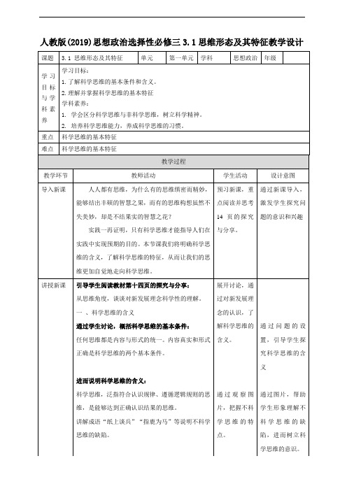 高三思政选修3逻辑与思维_《科学思维的含义与特征》精品教学设计