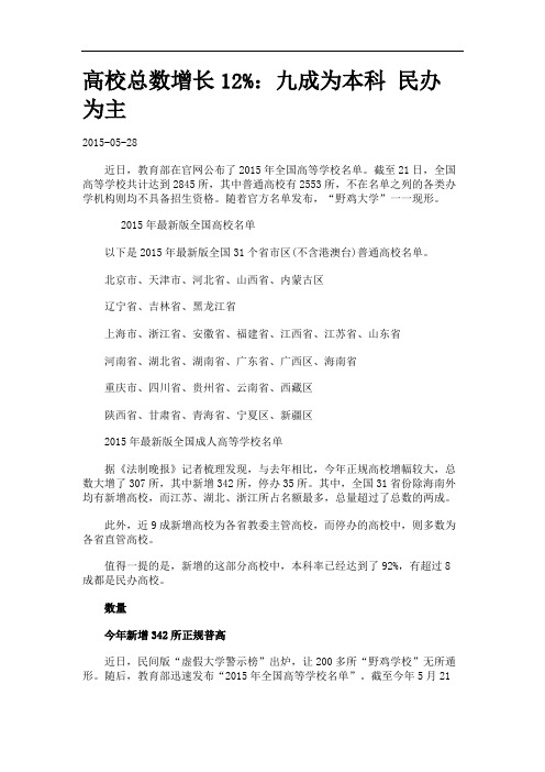 高校总数增长12%：九成为本科 民办为主_20150528000000_1153597.