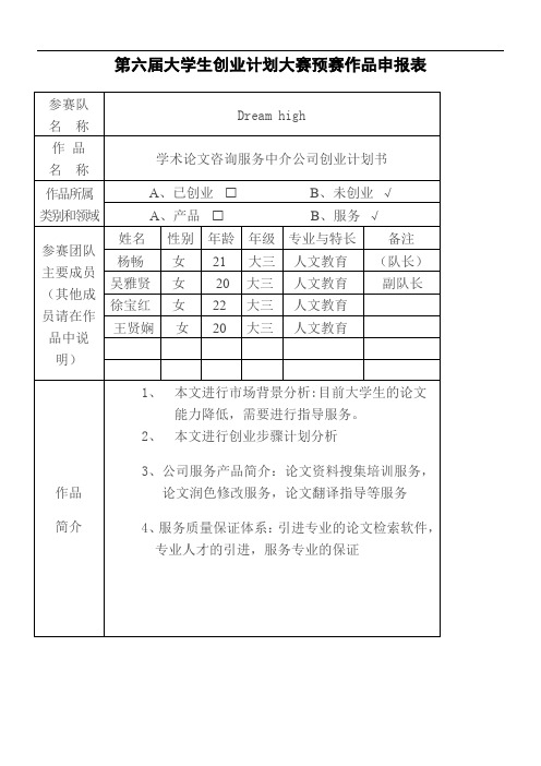 第六届大学生创业计划大赛预赛作品申报表