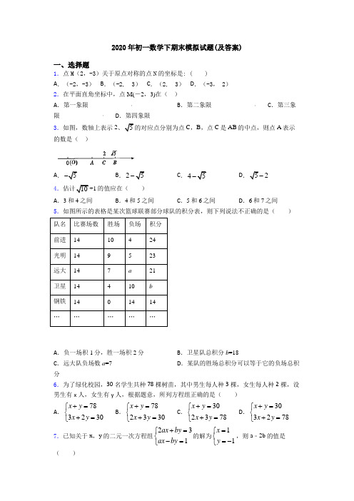 2020年初一数学下期末模拟试题(及答案)