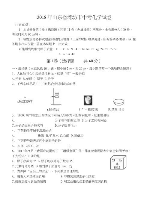 2018年山东省潍坊市中考化学考试试卷.docx